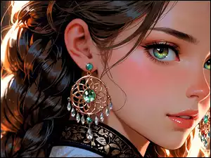 Grafika AI, Dziewczyna, Zielonooka, Kolczyki