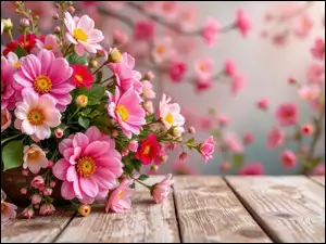 Bukiet, Grafika AI, Kwiaty, Różowe, Deski