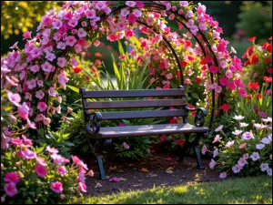 Ogród, Ławka, Kolorowe, Kwiaty