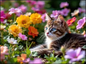 Kolorowe, Brązowo-biały, Kot, Kwiaty