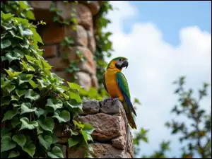 Siedząca, Mur, Ara, Pnące, Papuga, Rośliny