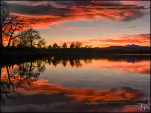 Drzewa, Jezioro, Niebo, Odbicie, Kolorowe, Zachód słońca