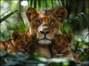 Leżąca lwica z dwoma lwiątkami wśród liści w lesie