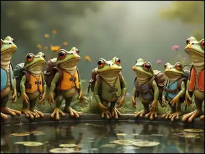 Śmieszne, Grafika, Żaby, Plecaki