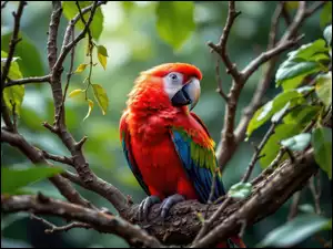 Ara, Kolorowa, Grafika AI, Ptak, Listki, Gałązki, Papuga