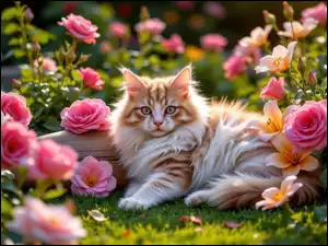 Kwiaty, Leżący, Kot, Róże, Rudo-biały, Trawa, Lilie, Puszysty