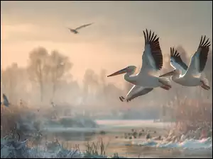 Dwa pelikany w locie nadoszronionymi szuwarami