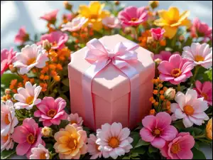 Kokarda, Prezent, Pudełko, Różowe, Kwiaty