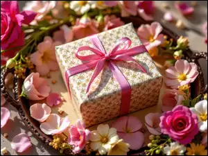 Kokarda, Taca, Prezent, Pudełko, Kwiaty