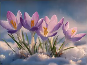 Śnieg, Fioletowe, Krokusy, Grafika AI