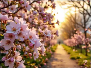 Drzewa, Gałązki, AI, Kwitnące, Ścieżka, Kwiaty, Różowe