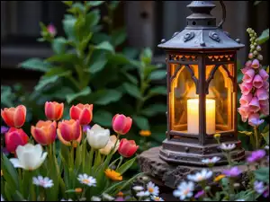 Naparstnica, Ogród, Kwiaty, Stokrotki, Lampion, Tulipany, AI, Kamień