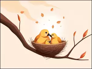 Trzy ptaki w gniazdku na gałęzi z listkami