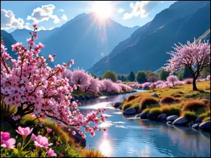Strumień, Kwitnące, Grafika AI, Wiosna, Promienie słońca, Góry, Drzewa