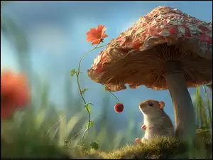 Grzyb, Myszoskoczek, Trawa, Grafika AI, Malina, Kwiat