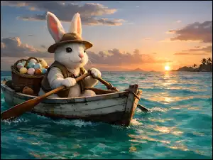 Zajączek w czapcena łódce na morzu z koszem pisanek