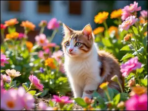 Rudo-biały, Kwiaty, Kot, Siedzący, Kolorowe