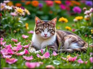 Kwiaty, Trawa, Leżący, Kot, Płatki