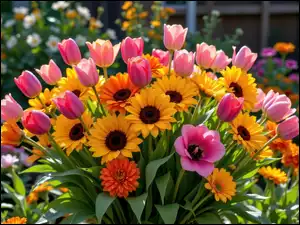 Bukiet, Kwiaty, Tulipany, Słoneczniki