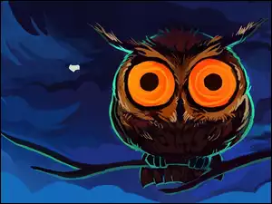 Niebieskie, Brązowa, Oczy, Tło, Sowa, Gałęzie, Grafika, Pomarańczowe