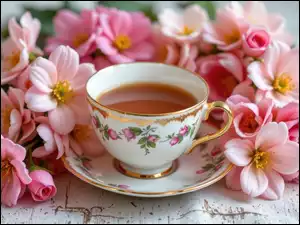 Kwiaty, Herbata, Filiżanka, Talerzyk