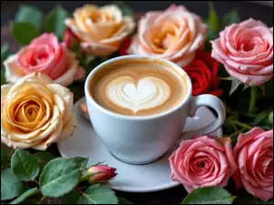 Kolorowe, Filiżanka, Talerzyk, Róże, Kawa, Kwiaty, AI, Cappuccino