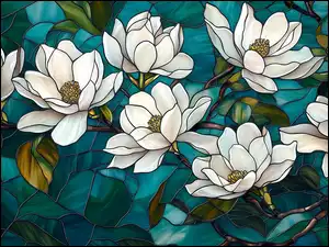 Kwiaty, Witraż, Magnolia, Białe