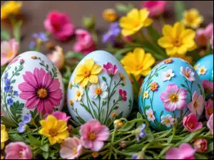 Kolorowe, Wielkanoc, Kwiaty, Różowe, Pisanki, Żółte