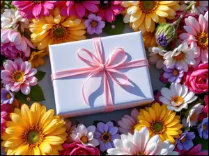 Różowa, Prezent, Kolorowe, Gerbery, Wstążka, Kwiaty