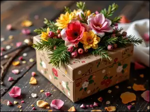 Kwiatów, Prezent, Kwiaty, Zielone, Pudełko, Płatki, Gałązki, Kolorowe