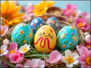 Śmieszne jajko i pisanki w gniazdku otoczonym kolorowymikwiatami