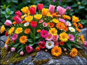 Bukiet kwiatów, Kwiaty, Kolorowe, Kamień
