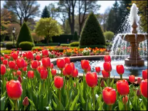 Fontanna, Kwiaty, Wiosna, Park, Drzewa, Tulipany, Czerwone