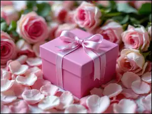 Pudełko, Prezent, Kwiaty, Różowe, Płatki, Róże, Kokarda