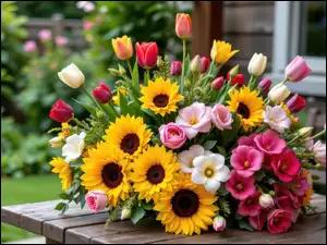 Bukiet, Kwiaty, Słoneczniki, Tulipany