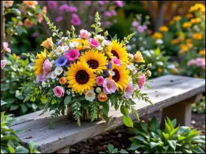 Bukiet, Rośliny, Kwiaty, Ławka, Słoneczniki