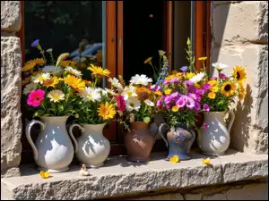 Kolorowe kwiaty w dzbankach na kamiennym parapecie okna