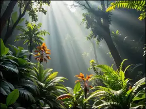 Rośliny, AI, Kwiaty, Las, Przebijające światło