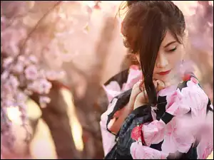 Bluzka, Drzewa, Kolorowa, Dziewczyna, Kwitnące