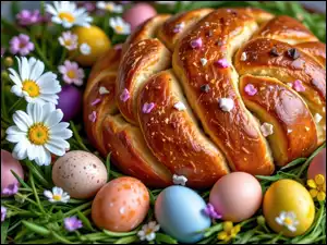 Pisanki, Wielkanoc, Kolorowe, Chleb, Kwiaty