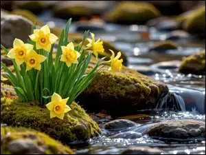 Żółte narcyzy-żonkile i omszałe kamienie nad strumieniem