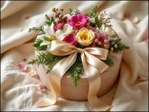 Pudełko, Okrągłe, Kwiaty, Tkanina, Prezent, Kokarda