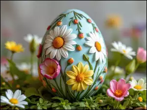 Żółte, Wielkanoc, Kwiaty, Stokrotki, Niebieska, Białe, Tulipany, Pisanka