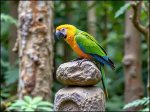 Papuga, Zielono-żółta, Dwa, Las, Ara, Kamienie