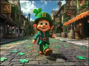 Czapka, Grafika, Skrzat, Koniczyna, Droga, Leprechaun, Listki, Domy