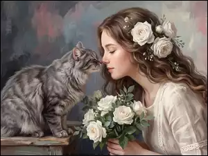 Długowłosa, Kot, Dziewczyna, Grafika, Róże