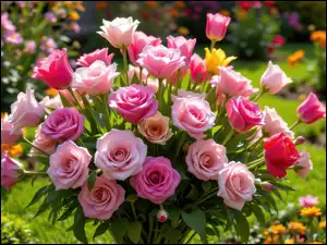 Bukiet różowych róż w ogrodzie