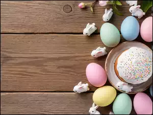 Kwiaty, Kolorowe, Białe, Porcelanowe, Zajączki, Jajka, Ciasto, Wielkanoc, Babka