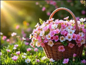 Wiklinowy koszyk z drobnymi kwiatami na trawie w promieniach słońca