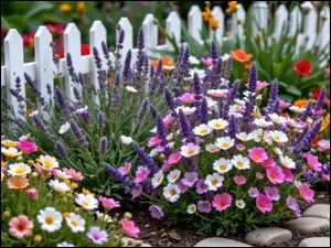 Kamienie, Kolorowe, Kwiaty, Płot